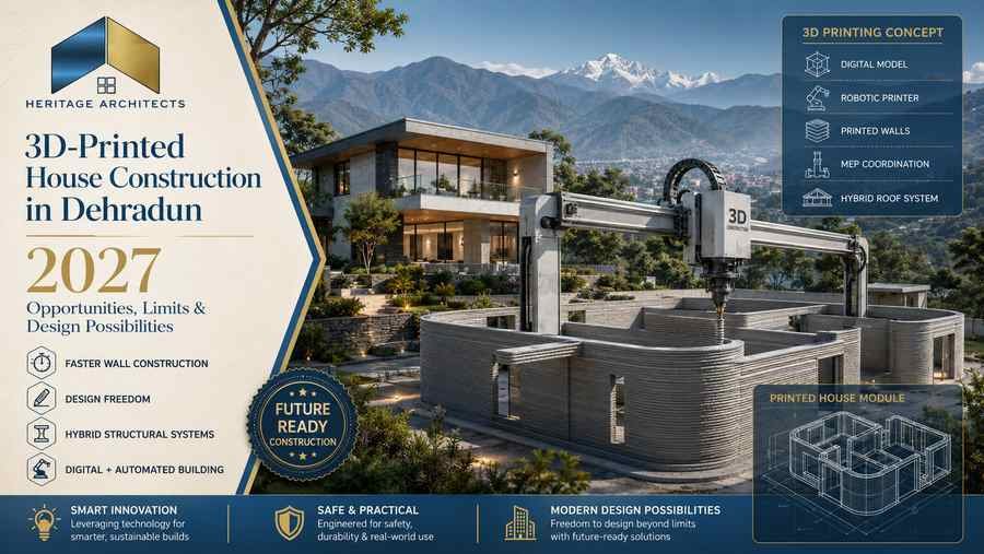 3D-Printed House Construction in Dehradun showing robotic concrete printing of a modern residential home