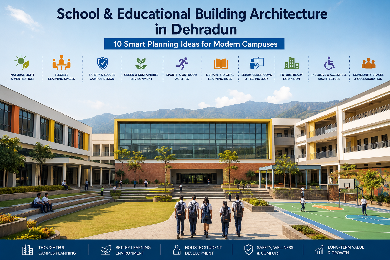 Image Alt Text: Modern educational building designed by a School Architect in Dehradun