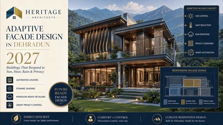 Adaptive Facade Design in Dehradun with automated louvers controlling sunlight, heat, rain and privacy