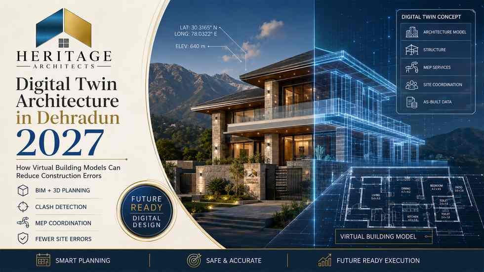 Digital Twin Architecture in Dehradun showing virtual BIM model and real building construction coordination