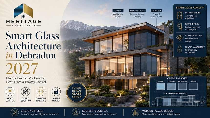 Smart Glass Architecture in Dehradun with electrochromic windows controlling heat glare and daylight in a modern home