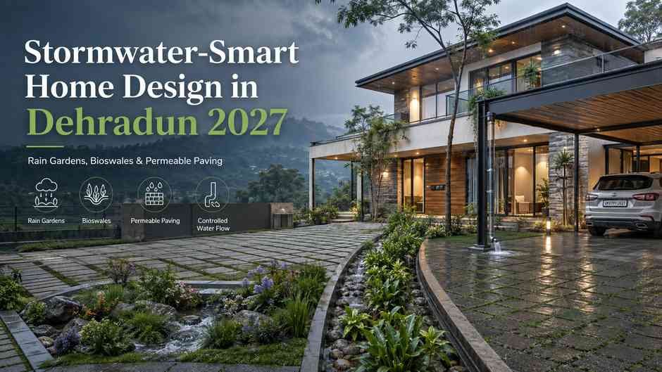 Stormwater-Smart Home Design in Dehradun with rain gardens, bioswales and permeable paving