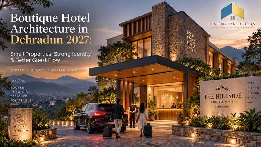 Boutique Hotel Architecture in Dehradun with distinctive façade, guest rooms, reception and hospitality spaces