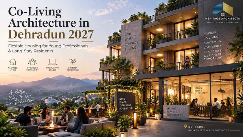Co-Living Architecture in Dehradun with private studios, coworking lounge and shared residential spaces