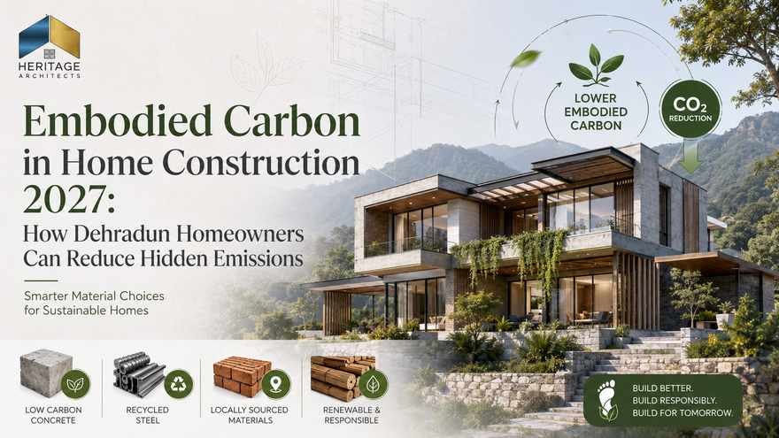 Embodied Carbon in Home Construction in Dehradun showing low-carbon concrete, steel, local materials and sustainable home design