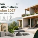 Low-Carbon Concrete Alternatives in Dehradun showing sustainable cement, recycled aggregate and modern residential construction