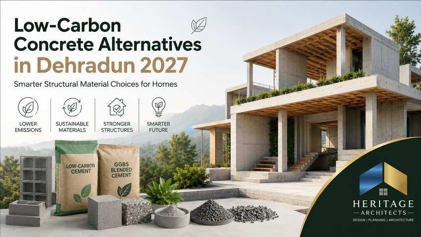 Low-Carbon Concrete Alternatives in Dehradun showing sustainable cement, recycled aggregate and modern residential construction