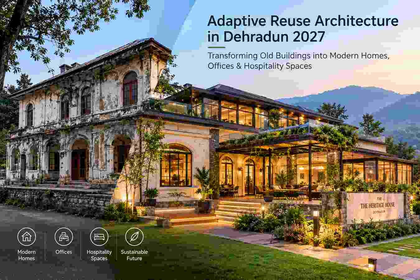 Adaptive Reuse Architecture in Dehradun transforming an old building into a modern home, office and hospitality space