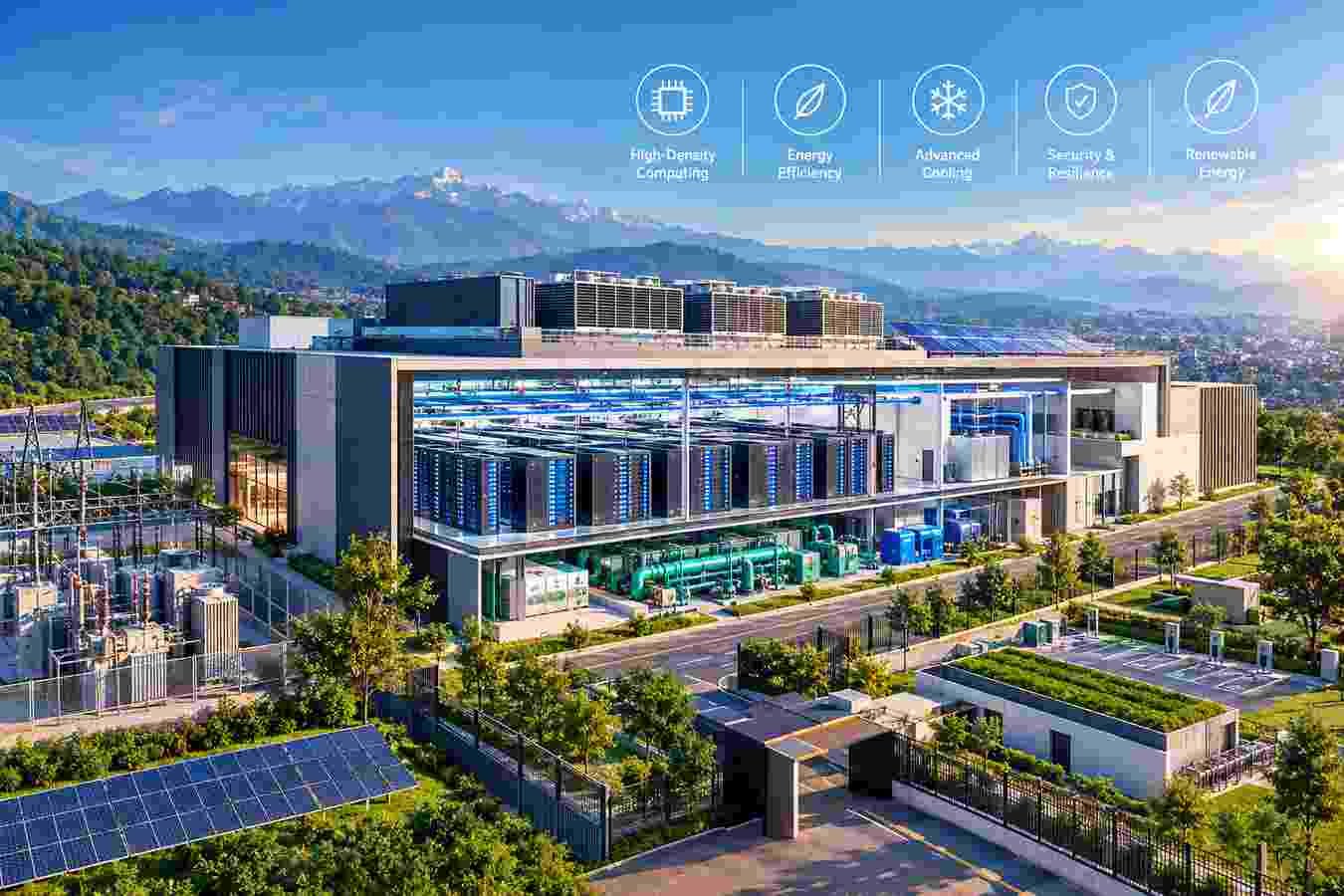 AI-Ready Data Center Architecture in India with high-density server halls, advanced cooling and energy-efficient infrastructure