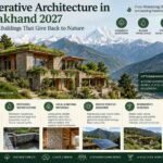 Regenerative Architecture in Uttarakhand 2027 with sustainable buildings, native landscape, renewable energy and restored natural systems