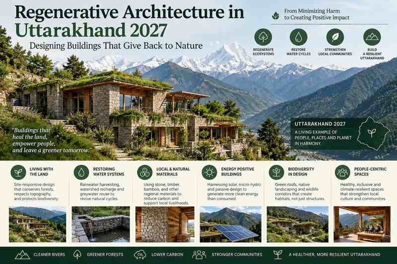 Regenerative Architecture in Uttarakhand 2027 with sustainable buildings, native landscape, renewable energy and restored natural systems